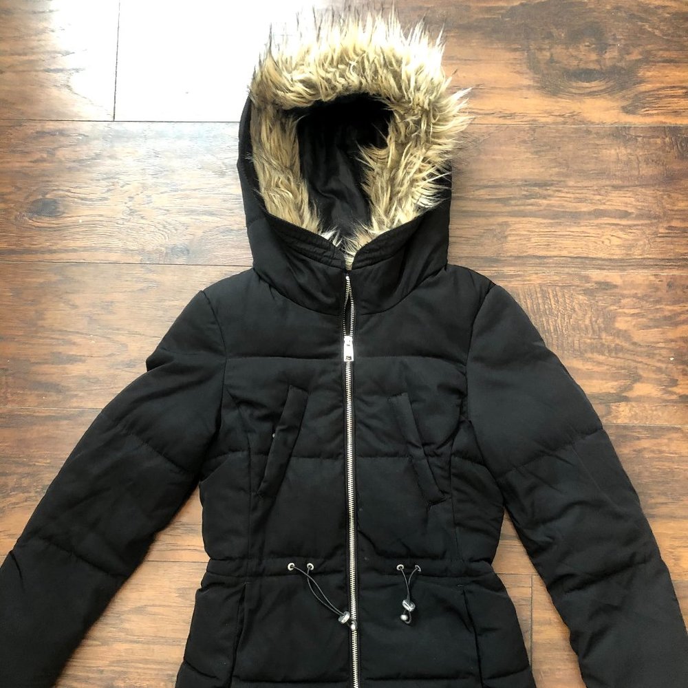 H&M Black Warm Winter Coat Fur Hood Size 0/XS
